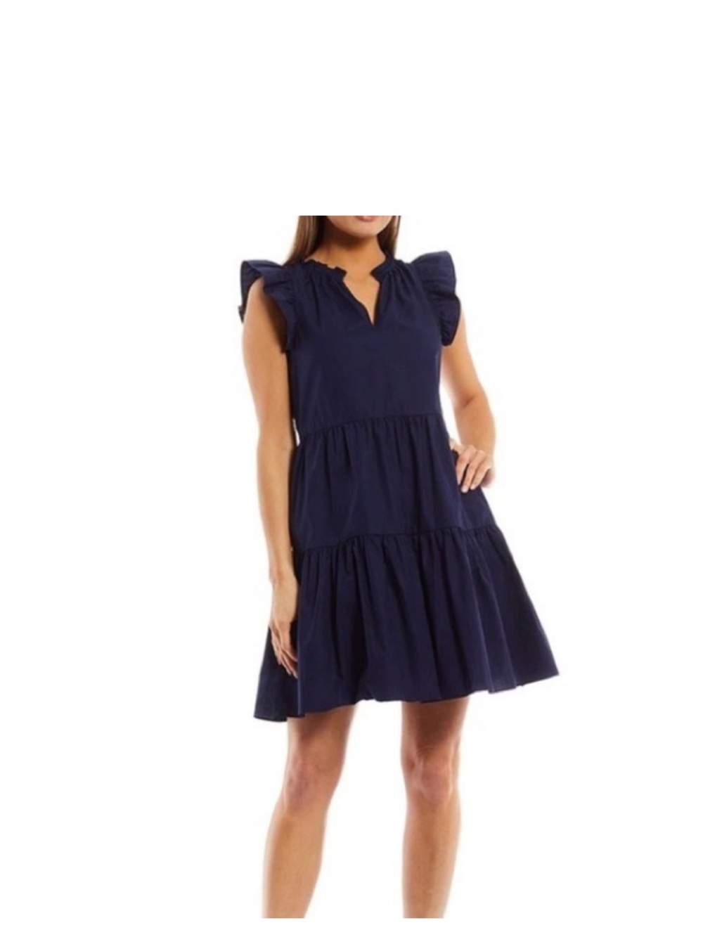 a love a Women’s Navy ruffle sleeveless Blue Tiered Mini Dress with V-Neck size.